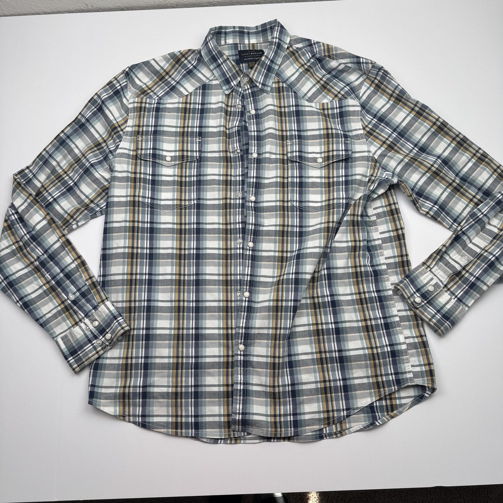 Lucky Brand Mens XL Plaid Western Pearl Snap Saturday Stretch Shirt Blue Gray
